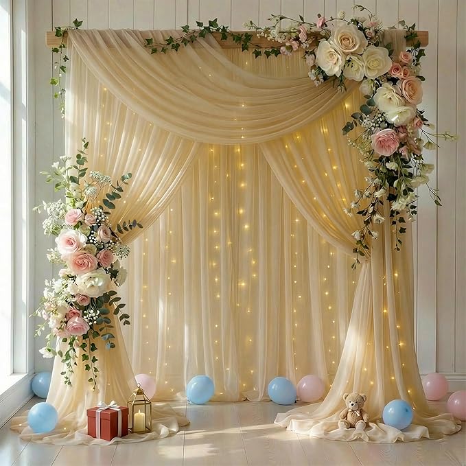 20 FT x 8 FT Champagne Backdrop Curtain - Tulle Backdrop Curtain with 9.8FT Lights String - Sheer Backdrop Curtains with 4 Inch Rod Pockets for Birthday Weddings Baby Shower Party Decorations