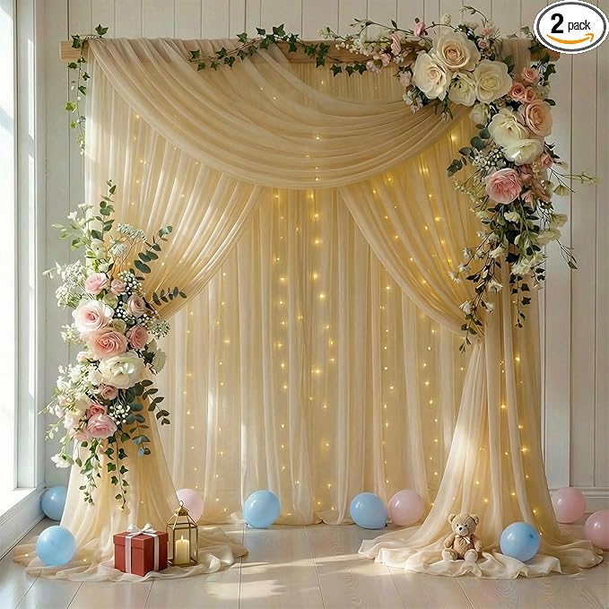 GALLETY 10 FT x 8 FT Champagne Backdrop Curtain - Tulle Backdrop Curtain with Lights String - Sheer Backdrop Curtains with 4 Inch Rod Pockets for Birthday Weddings Baby Shower Theme Party Decorations