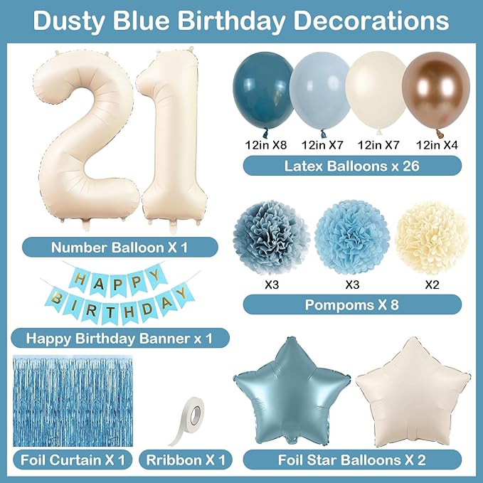 Dusty Blue 21st Birthday Decorations for Him Her Beige Cream Number 21 Balloon Blue Gold Happy Birthday Banner Fringe Curtain Paper Pom Poms Nude White Sand Champagne Star Foil Balloons Party Decor