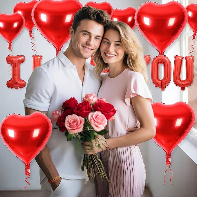 2 set 16 inch I Love You Balloons and Heart Balloons with 500 Pieces Rose Petals, Red I Love You Letter Balloon for Him/Her Valentines Day Decorations Wedding Anniversary Engagement