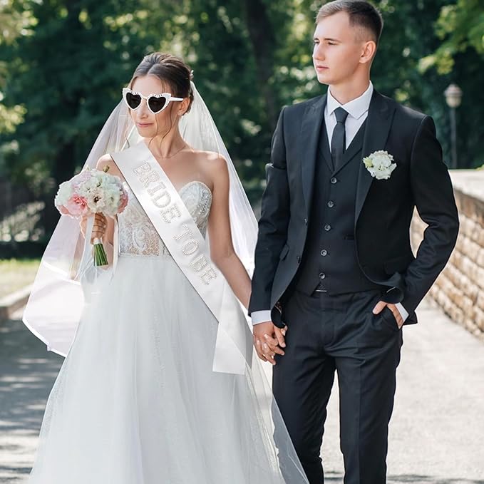 Bride to Be Set: Pearl-Trimmed Heart Sunglasses, Pearl BRIDE Sash & Tulle Veil - Bachelorette Party Bridal Accessories