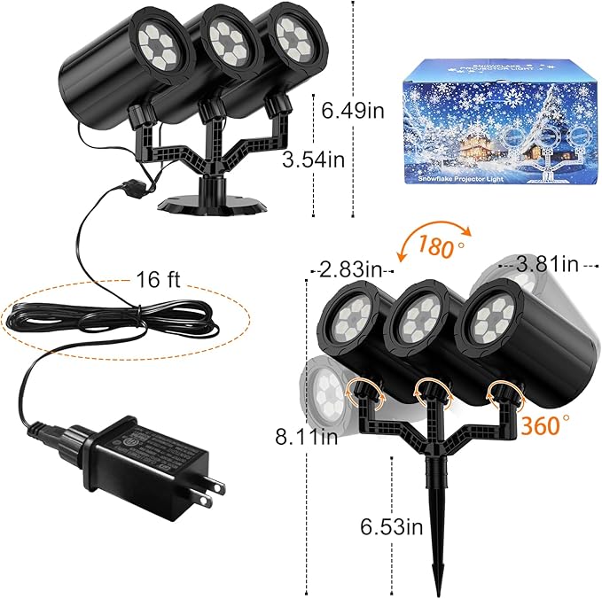 Christmas Snowflake Projector Lights Outdoor 360°Rotating Brightness Three Head Projection Lights Decor Suitable for Christmas, Indoor and Outdoor Party Decorations
