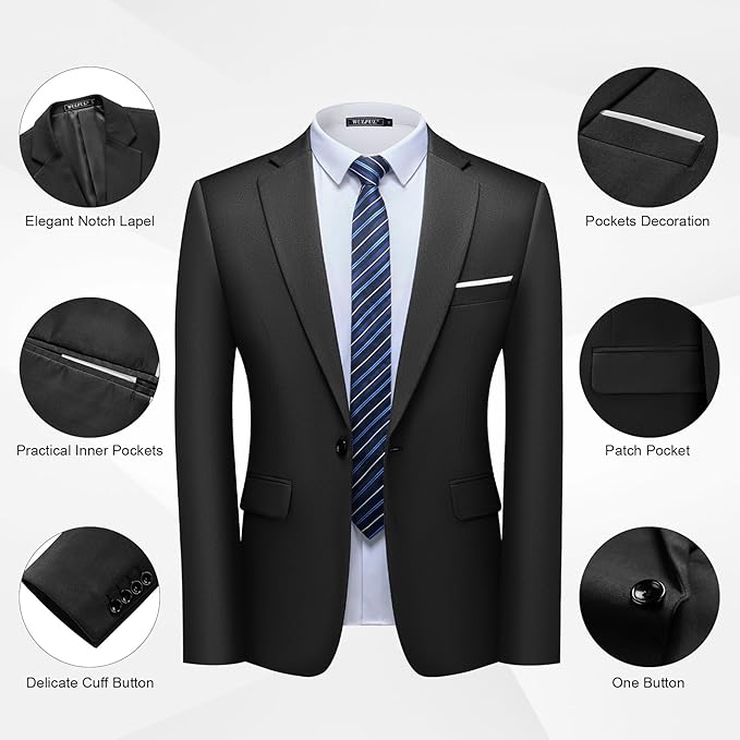 WULFUL Men's 2 Piece Slim Fit Suit Set One Button Blazer Jacket Pants Tuxedo Set for Party, Wedding and Business