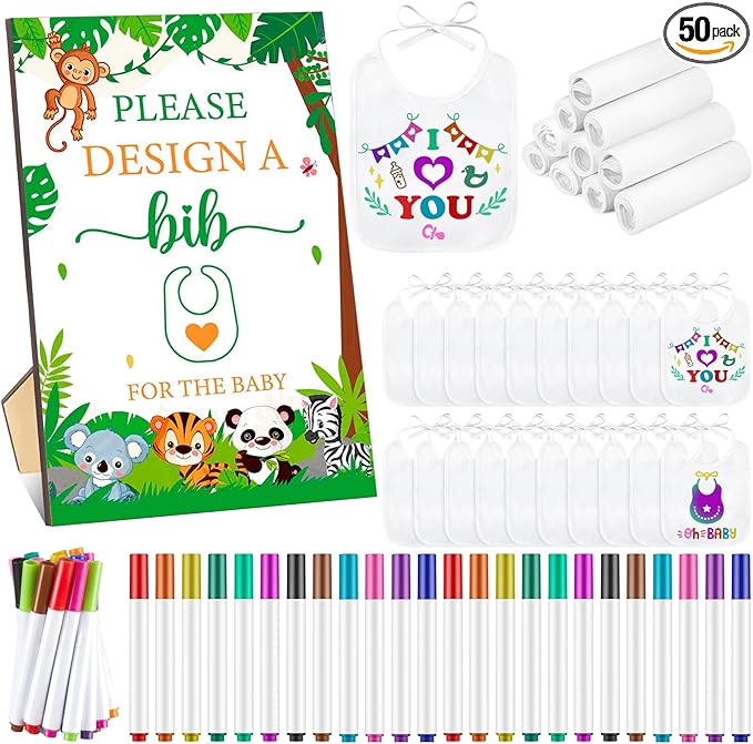 50 Pcs Baby Shower Game White Bib Kit Include 1 Wooden Baby Shower Game Sign 25 DIY Blank White Bibs 24 Colorful Markers(Animal)