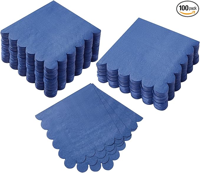 100 Pack Cocktail Napkin 2-Ply Scalloped Edged Dessert Napkins Folded 5 x 5 Inches Disposable Napkins for Dinner Wedding Birthday Party Bridal Anniversary Reception Event (Navy Blue)