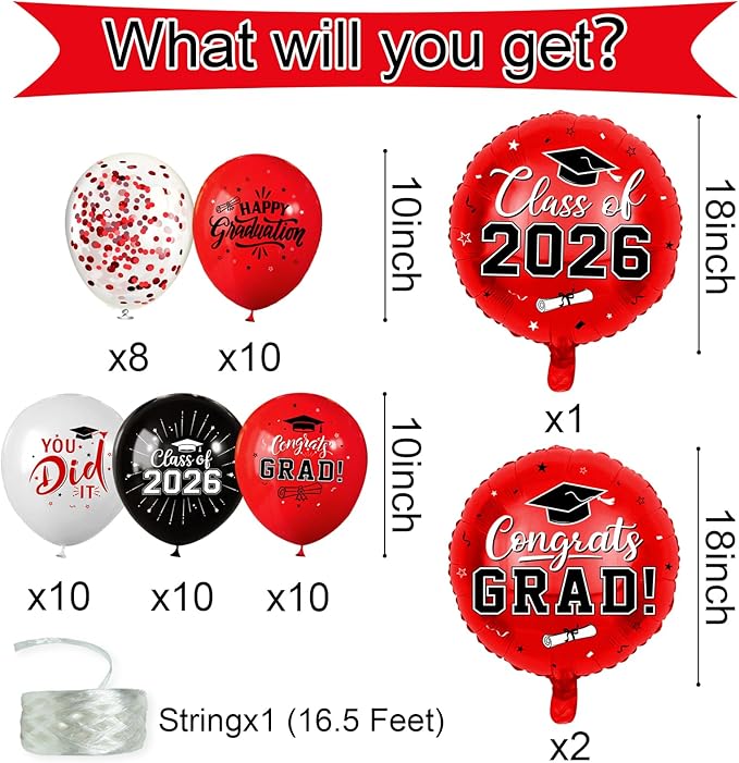 Red and Black Graduation Balloons Graduation Decorations 2026, 51Pcs Grad Latex Balloons and Grad Foil Balloon with Confetti Ribbons Grad Party Decorations for College High School