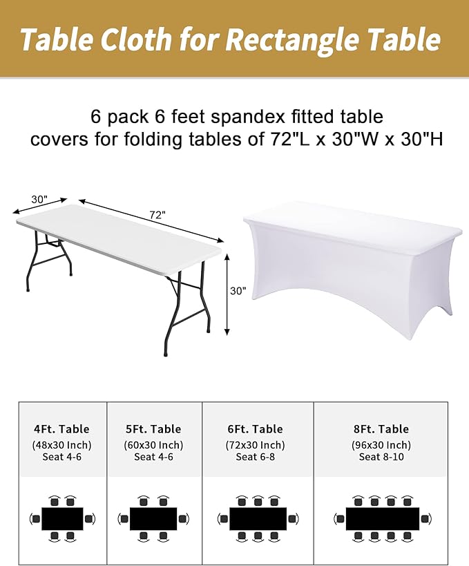 Fixwal White Table Cloth for 6FT Rectangle Tables, 6 Pack Rectangular Tablecloths Stretch Spandex Fitted Table Covers 6FT for Parties, Trade Shows, Banquet, Weddings, Buffet, Graduation Decorations