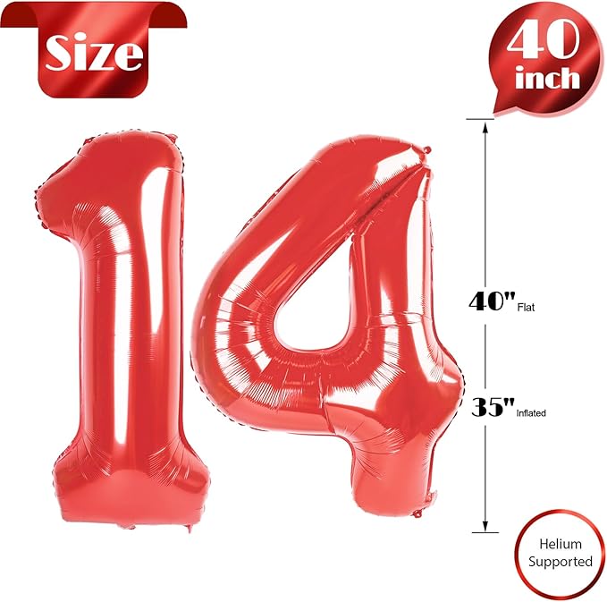 Red Number 14 Balloon 40 inch, 14 Number Balloons, 14th Red Birthday Decorations, 14 Year Old Girls Boys Party Supplies