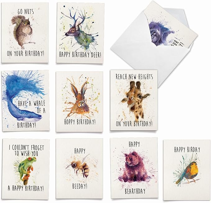 The Best Card Company - 10 Blank Happy Birthday Note Cards - Assorted Bulk Cute Humorous Animal Pun Birthday Greeting Cards Boxed Set (4 x 5.12 Inch) - Wildlife Expressions M2954BDB