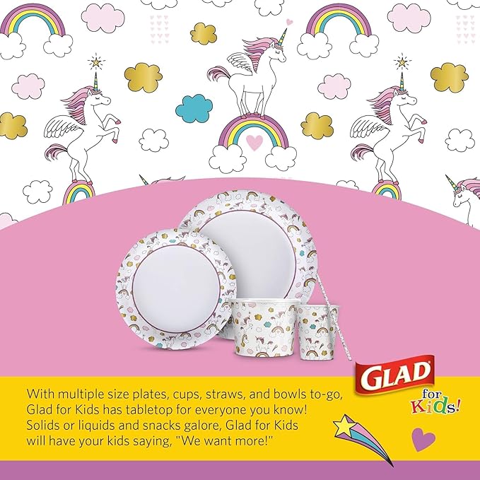 Glad for Kids Unicorn Theme Kids Plates, Heavy-Duty Round Disposable Paper Plates with Soak-Proof Coating, Microwave Safe for Snacks & Meals, Cute Unicorn Print, 8.5 Inch, 20 Count - 3 Pack