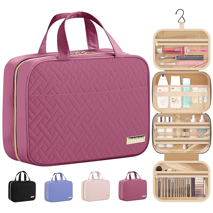 HOTOR Travel Toiletry Bag - Hanging Toiletry Bag for Women & Men, Makeup Bag/Big Comparment, Waterproof for Travel Accessories, Travel Essentials, Large, Rosewood-Pink