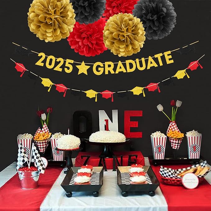 Red Black-Gold Party-Decoration Graduation Banner - 8pcs Kits Cap Garland Streamers, Paper Tissue Pom Poms Flowers, 2025 Craduate Banner Congratulations Grad Decor Lasting Surprise