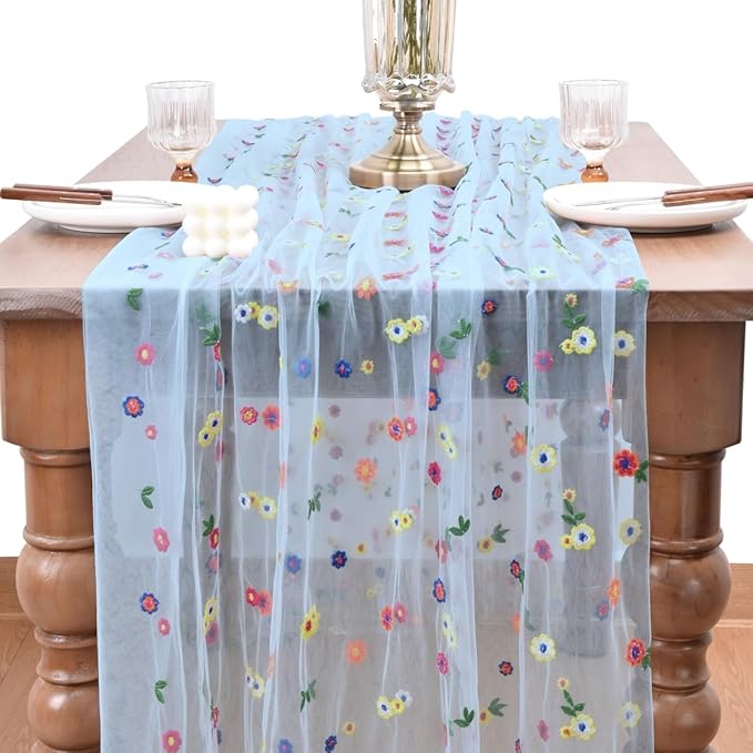 Joanlody 3pcs Blue Embroidery Daisy Spring Summer Table Runner Florals Seasonal Easter Tulle Table Runner Holiday Kitchen Dining Table Decoration Wedding Party