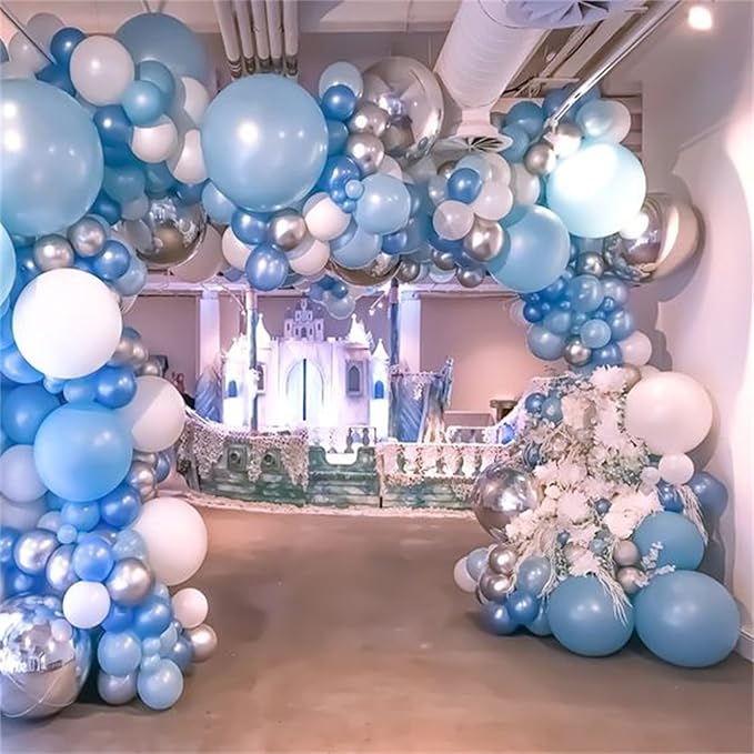 Winter Wonderland Balloon Arch Garland Kit, Baby Blue and White Balloons with Snowflake Star Foil Balloons for Ice Wonderland Christmas Baby Shower Princess Theme Birthday Party Decorations Supplies