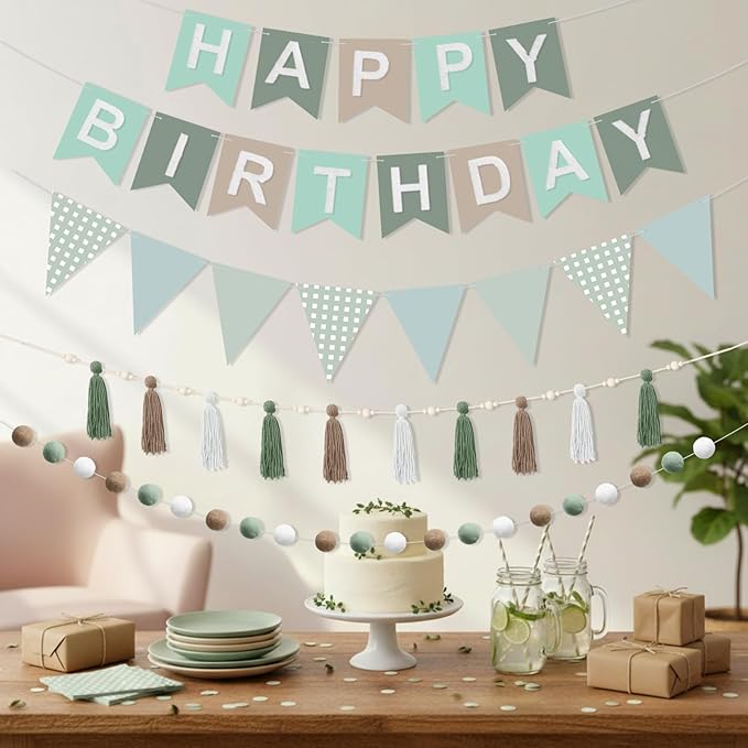 139 Pcs Felt DIY Custom Banner Kit Include 104 Letters 18 Swallowtail Flags 15 Pennants 2 Pcs Pom Pom Garland Tassel Pompom Decoration for Home Baby Shower Birthday(Baby Green)