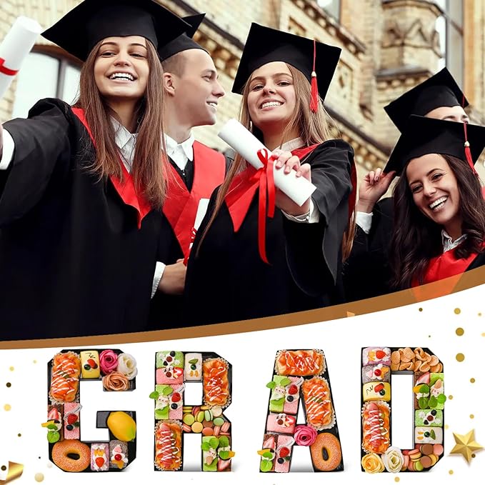 GRAD Set Cardboard Letter for Charcuterie 10.2'' Black Grad Fillable Tray Charcuterie Paper Box for Graduation Party Decorations Chocolate Candy Cupcake Container