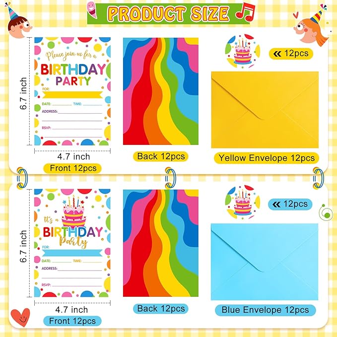 Colarr 24 Pack Birthday Invitations with Envelopes and Stickers Birthday Party Invitations Cards for Baby Shower Party Favors Supplies