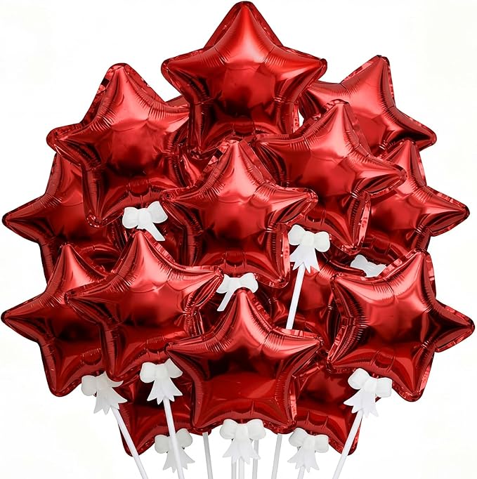 30 Pcs Star Self Inflatable Balloons with Bow Stems Star Foil Balloons Mini Pentagram Decoration for Patriotic Independence Day Graduation Birthday Baby Shower Anniversary(Red,6 Inches)