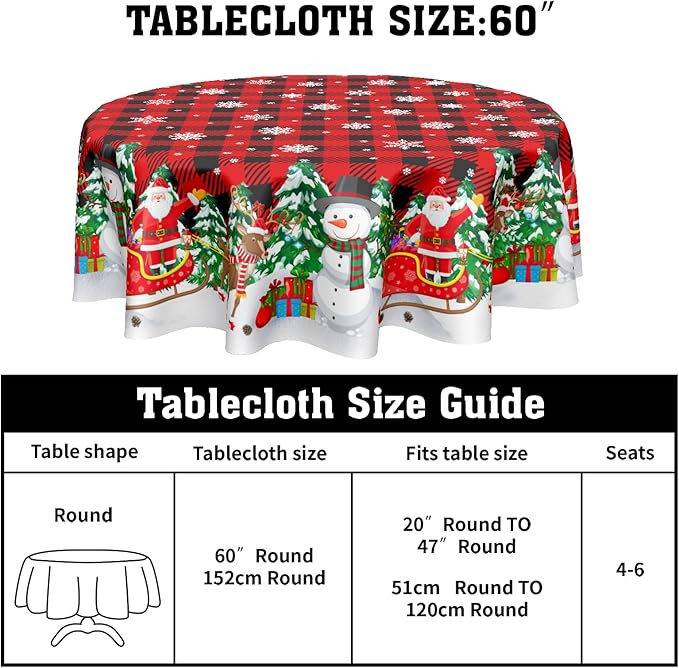Christmas Tablecloth Round 60 Inch Black Red Buffalo Plaid Snowflake Winter Table Cloth Washable Snowman Christmas Table Cover for Kitchen Dinner Room Holiday Party Indoor Outdoor Home Decor