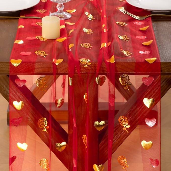 Socomi Valentine's Day Rose & Heart Table Runner Gold Gauze Sheer Romantic Sequin 10FT Glitter Metallic Foil Dining Wedding Birthday Party Baby Shower Holiday Centerpiece Table Decor 3pcs Red