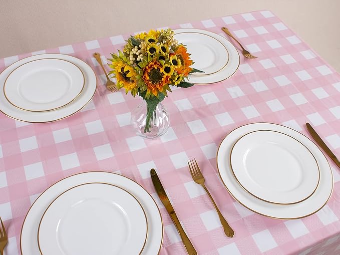 Kesfey 12 Packs Pink Gingham Tablecloth 54 x 108 Inches Pink and White Checkered Table Cloths Party Picnic Disposable Table Covers Splashproof Plastic Checkered Gingham Tablecover for Dinners Party