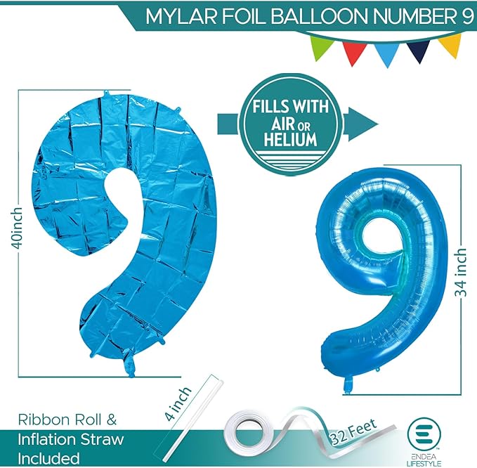 40 Inch Large Blue Number Celebration and Decoration Balloon for Birthday Parties, Graduations, Anniversaries, Weddings, Photo Shoots, Special Events - Helium Foil Mylar (Blue Number 9)