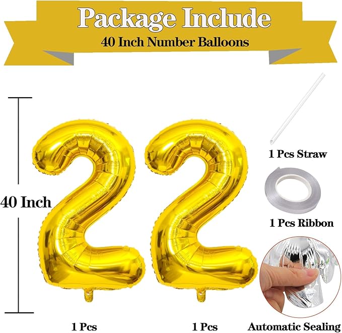 Large Gold 22 Number Balloons, 40 Inch Jumbo Number 22 Balloon, Gold Foil Mylar Balloons for Girl Sweet 22th Birthday Party, Anniversary Decorations