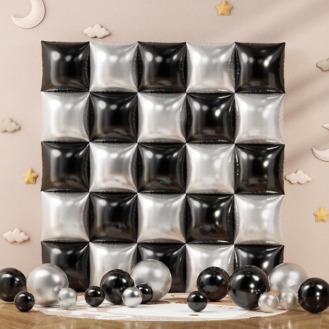 152Pcs Black and Silver Foil Square Balloon Wall Backdrop with Silver and Black Latex Balloons Arch Garland Kit, Double Sided Balloon Tunnel for Birthday Anniversary New Year Party Decorations