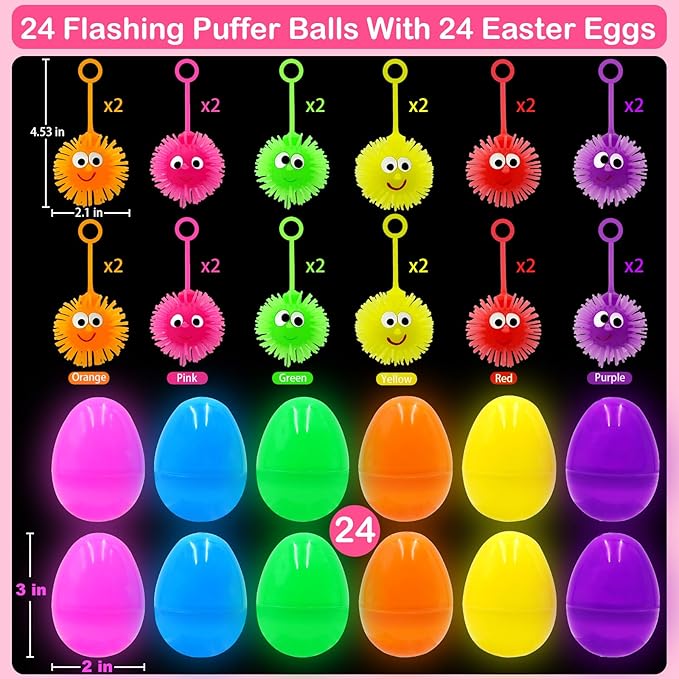 24 Pack Easter Eggs Filled LED Puffer Balls,Light Up Toys Stuffers Stress Relief LED Ball for Boys Girls Kids Teens Easter Egg Hunt Filling Treats Easter Basket Stuffers Easter Party Favor