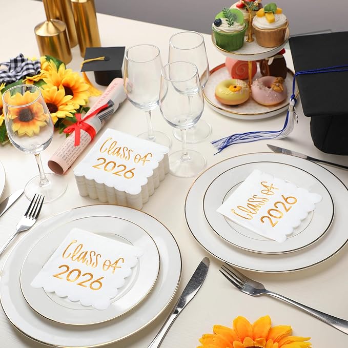100 Pcs Class of 2026 Graduation Cocktail Napkins 5 x 5 Inch Congrats Grad Scalloped Paper Napkins for Dinner Beverage Graduate Decorations(Orange)