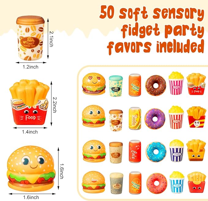 Leyndo 50 Pcs Mini Food Toys Bulk Kids Cute Slow Rising Food Party Favors Kawaii Hamburger Donut Soft Squeeze Sensory Fidget Stress Relief Gifts for Girls Boys Class Prize Goodie Bag Fillers