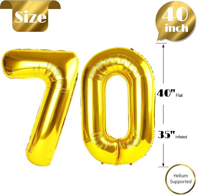 Gold Number 70 Balloon 40 inch, 70 Number Balloons, 70th Gold Birthday Decorations, 70 Year Old Women Men Golden Party Supplies
