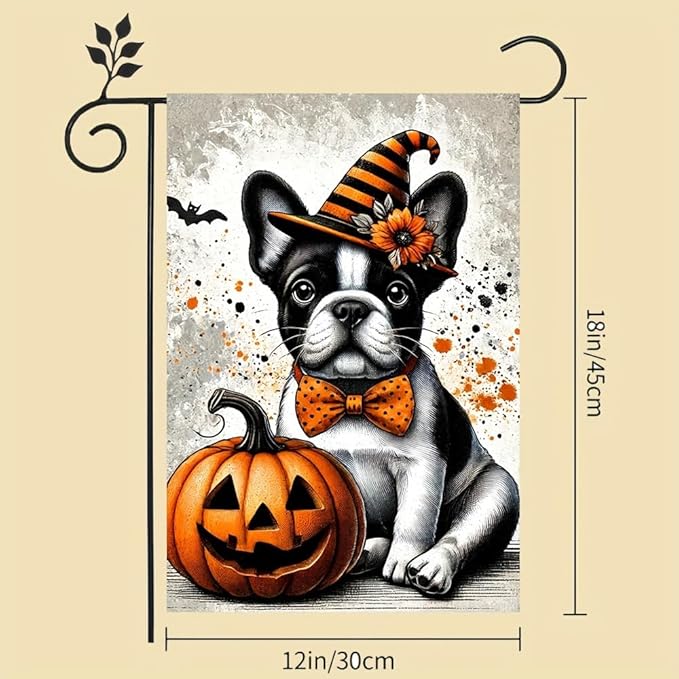 Halloween Garden Flag French Bulldog Pumpkin Witch Hat 12x18 Inch Double SidedOutdoor Yard Banner for Trick or Treat Spooky Haunted House Holiday Decoration Decor
