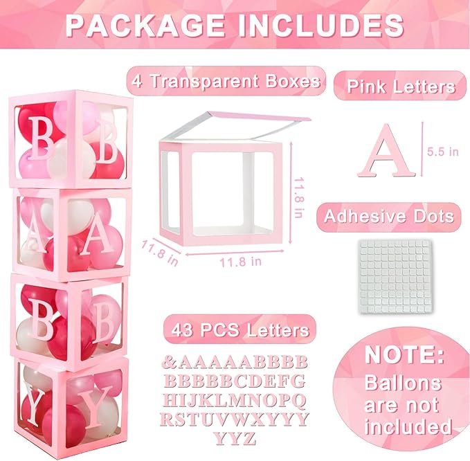Ledido 2026 Graduation Balloon Boxes Decorations, 4 Pieces Pink Clear Grad Balloon boxes with Letters, Class of 2026 Graduation Party Supplies for College, High School, Prom, Birthday, Baby Shower
