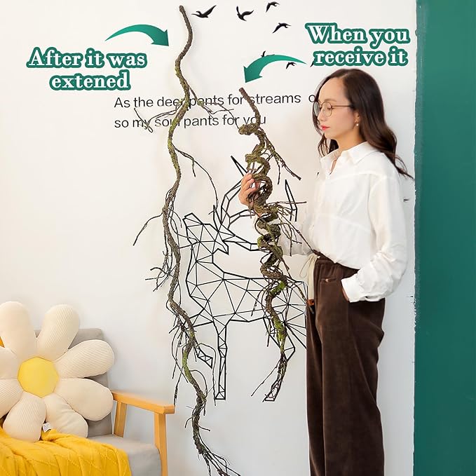 1Pcs 71inch Bendable Artificial Floral Grapevine Garland Fake Realistic Woody Tree Branches Plants Twigs Stems Trunk with Moss for Outdoor Mantel Wall Hanging Garden Halloween Jungle Room Decoration