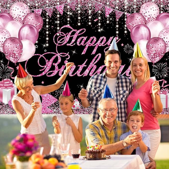 Happy Birthday Banner - Birthday Decorations for Women Girls Pink Birthday Party Banners Welcome Happy Birthday Background Sign for Theme Party Decorations Indoor Outdoor