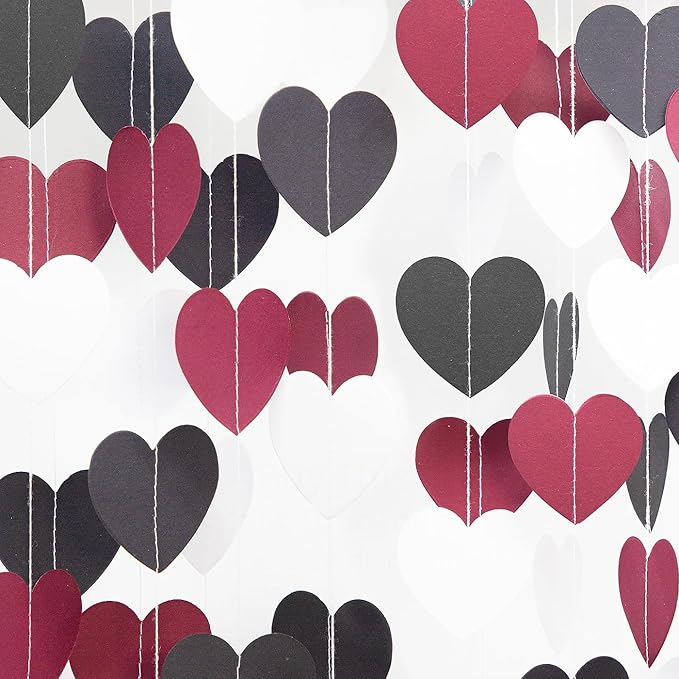 White Black and Burgundy Birthday-Decorations - 52Ft Heart Paper Garland Decoration Streamers Party Banner Bridal Baby Shower Wedding Bachelorette Engagement Graduation Hanging Decor Hongtongtong