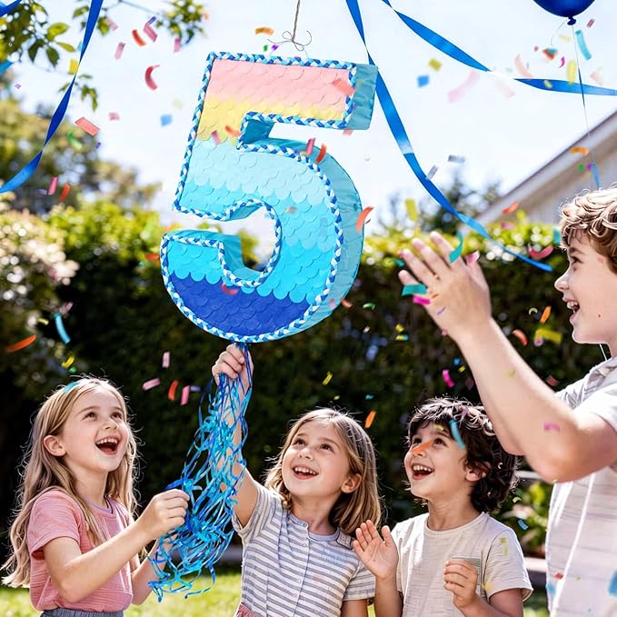 WERNNSAI Number 5 Piñata - Ombre Blue Pull String Piñata with Blindfold and Stick Birthday Party Game for Kids Boys Girls 5th Birthday Party Decorations （16.3" x 11.4" x 3")