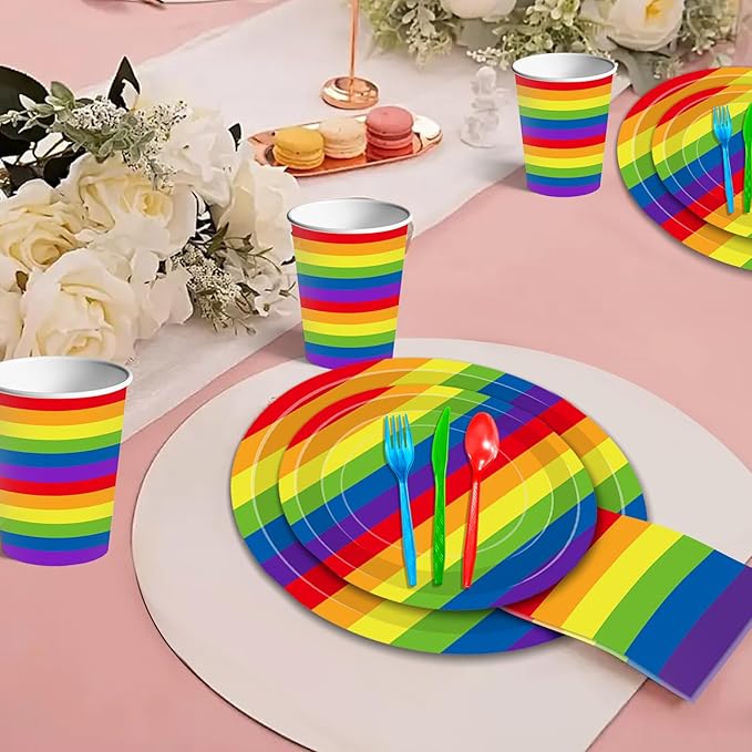 175 Pcs Rainbow Stripes Party Supplies Set - Serves 25, Colorful Disposable Plates, Cups, Napkins, Forks, Spoons, and Knives for LGBTQ+ Pride Month, Rainbow-Themed Birthday, Wedding Decorations