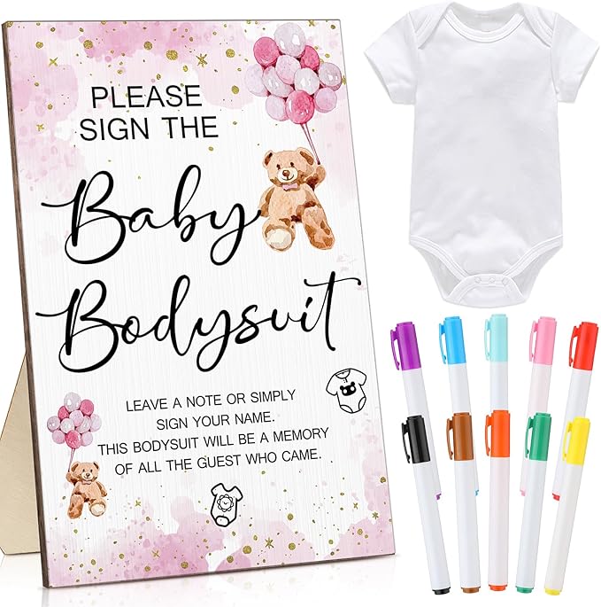 Qunclay 12 Pcs Baby Shower Game Decor with White Unisex Bodysuit Wooden Sign Tabletop Decor and Marker for Guests(Pink Bear)