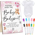 Qunclay 12 Pcs Baby Shower Game Decor with White Unisex Bodysuit Wooden Sign Tabletop Decor and Marker for Guests(Pink Bear)