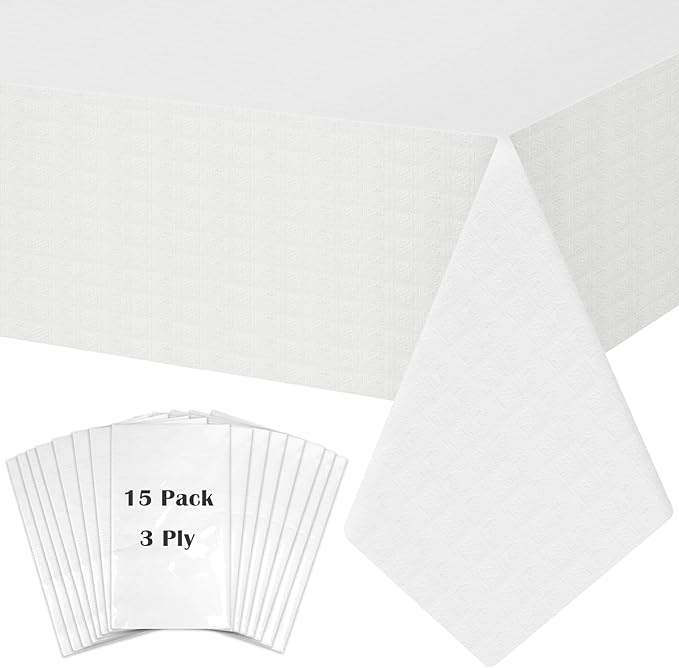 White Paper Tablecloth, 15 Pack Disposable Table Cloths for Rectangle Tables 3-9 Foot, 54''×108'' Paper & Plastic Party Table Cover for Birthday, Outdoor, Wedding, Banquet