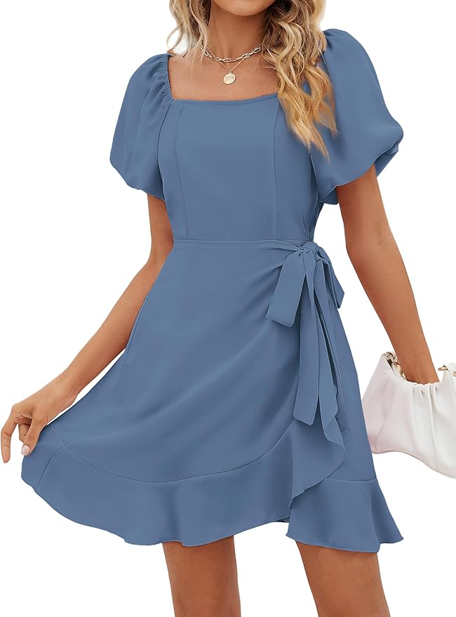 Sampeel Womens Summer Dresses Square Neck Puff Sleeve Tie Waist Short Dress