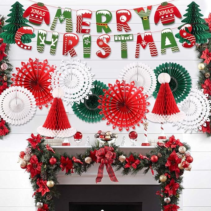 Christmas Party Decorations, Merry Christmas Banner Honeycomb Santa Hats Trees Hanging Snowflakes Paper Fans for Xmas Party Eve Holiday Home Decor