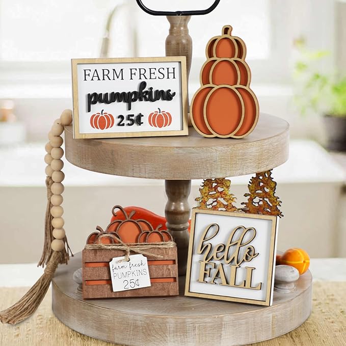 DAZONGE Fall Decor, 5PCS Fall Decorations for Home, Hello Sign, Stacked Pumpkin, Farm Fresh, Pumpkin Crate, Bead Garland, Rustic Tiered Tray Decor