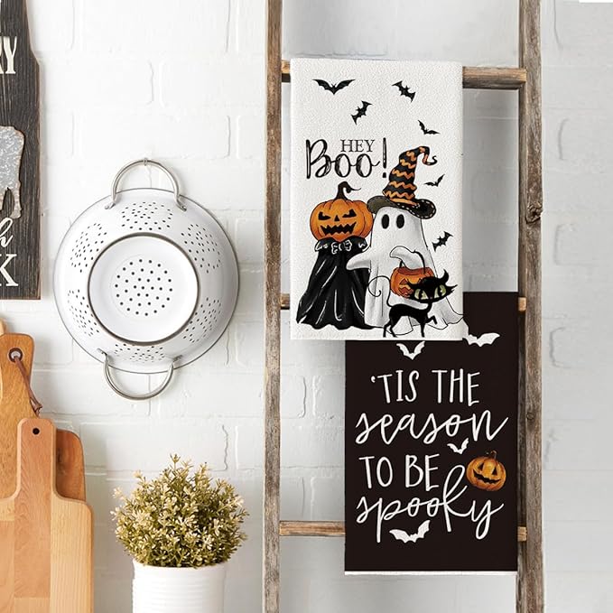 Artoid Mode Ghost Pumpkins Bats Cat Hey Boo Halloween Kitchen Towels Dish Towels, 18x26 Inch Seasonal Decoration Hand Towels Set of 2