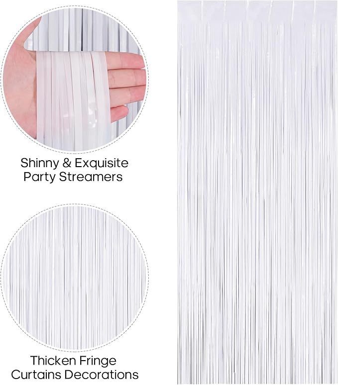 2 Pack Fringe Curtains Backdrops, Foil Fringe Curtains, Door Streamers for Birthday Wedding Bridal Shower Holiday Graduation Party Decorations, Photo Booth Backdrops, White