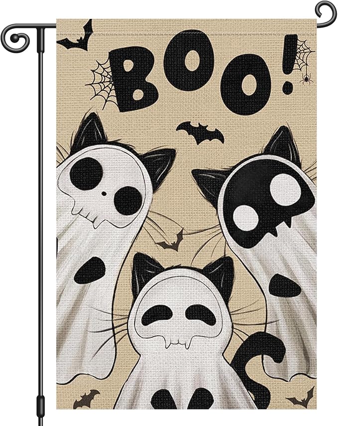 Heyfibro Ghost Black Cat Halloween Garden Flag 12x18 Inch Double Sided Cute Boo Yard Flag Burlap Spooky Small Halloween Flags for Outside House Yard Farmhouse Holiday Decoration