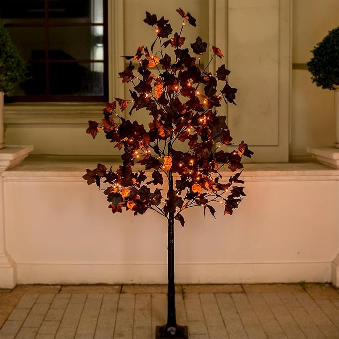 5ft Black Maple Halloween Tree with LED Skull Lights & Spiders, 128 Bulbs, Dimmable Timer, 16ft Cord, Indoor & Outdoor Decor