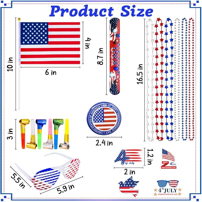 156 Pcs Patriotic Party Favors, 4th of July Accessories American Flags, Sunglasses, Necklaces, Slap Bracelets, Musical Blow Outs, Mustaches, Brooches, Stickers for Independence Day, Memorial Day